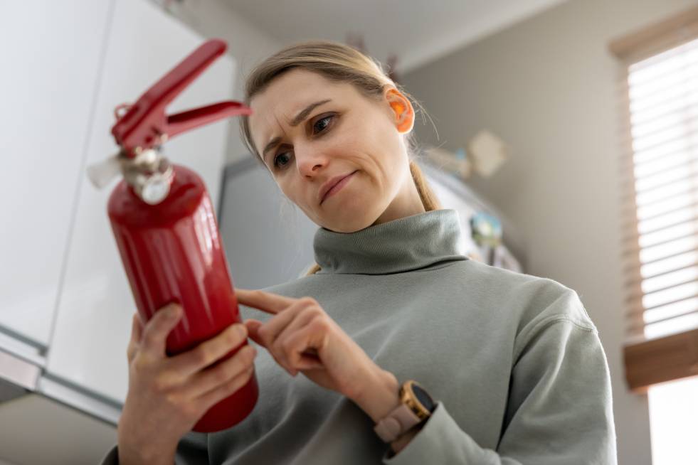 woman checking Fire Extinguisher 